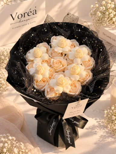 LUXURY CHAMPAGNE / CREAM SOAP ROSE BOUQUET WITH BLACK GLITTER TULLE