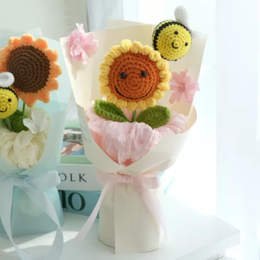 Happy Sunflower & Bee Crochet Bouquet (PINK)