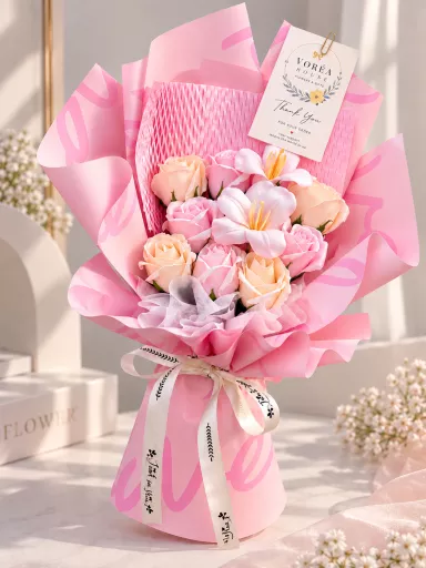 PASTEL PINK & CHAMPAGNE ORANGE SOAP ROSE BOUQUET WITH PLUMERIA