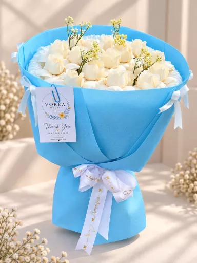 WHITE & SKY BLUE SOAP ROSE BOUQUET
