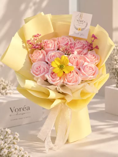 PASTEL YELLOW & BABY PINK SOAP ROSE BOUQUET WITH DAISY ACCENT