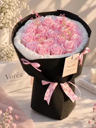 LUXURY ROUND PINK SOAP ROSE BOUQUET IN BLACK WRAP