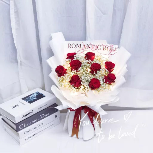 🌹 Fresh Flower🌹9 stalks Fresh Red Rose Flower With More Baby Breath Bouquet