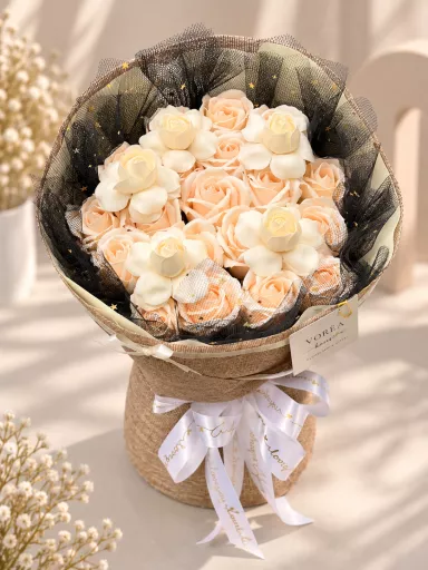 VINTAGE BURLAP & CHAMPAGNE SOAP ROSE BOUQUET WITH STAR GLITTER TULLE