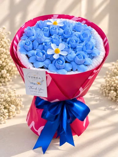 BABY BLUE & FUCHSIA SOAP ROSE BOUQUET WITH DAISY ACCENTS