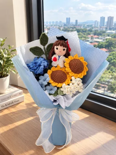 Pharmacist Graduation Doll & Sunflower Bouquet | Custom Medical & Pharmacy Convocation Flower Gift Malaysia 药剂师毕业钩针花束