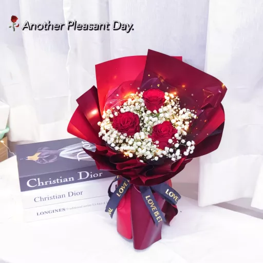 🌹Fresh Rose🌹3 Stalks Fresh Red Rose with baby breath bouquet+Led lights