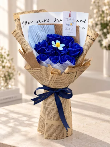 ROYAL BLUE & VINTAGE NEWSPAPER KRAFT SOAP ROSE BOUQUET