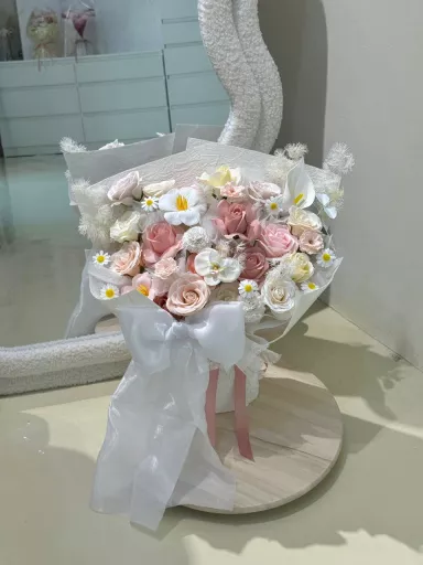 Blush Pink Soap Flower Bouquet with Lace Ribbon