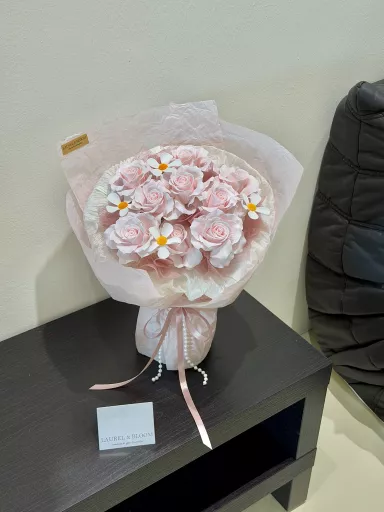9 Premium Pink Soap Roses with 4 Soap Violet White Flowers