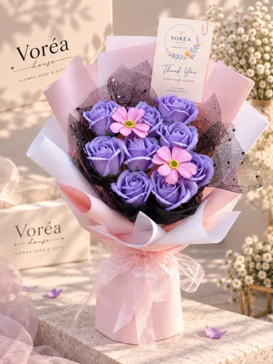 LAVENDER & BLACK GLITTER TULLE SOAP ROSE BOUQUET