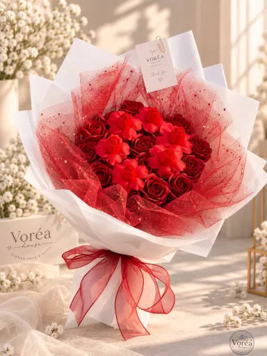 LUXURY RED SOAP ROSE BOUQUET WITH SPARKLY TULLE & WHITE WRAP